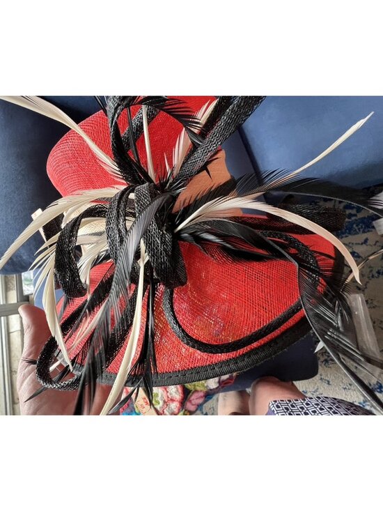 Kentucky Derby Hat Wide Brim Red Black Feathers Bows Wedding Cocktail Italian main image 4